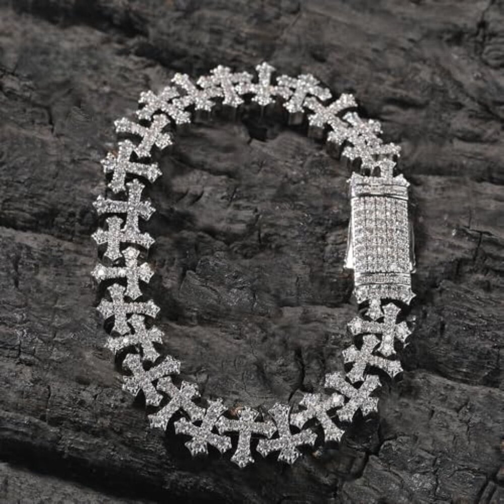 Sterling Silver Iced Out Cross Bracelet 925 Silver Hip Hop Jewelry - Picture 3 of 8